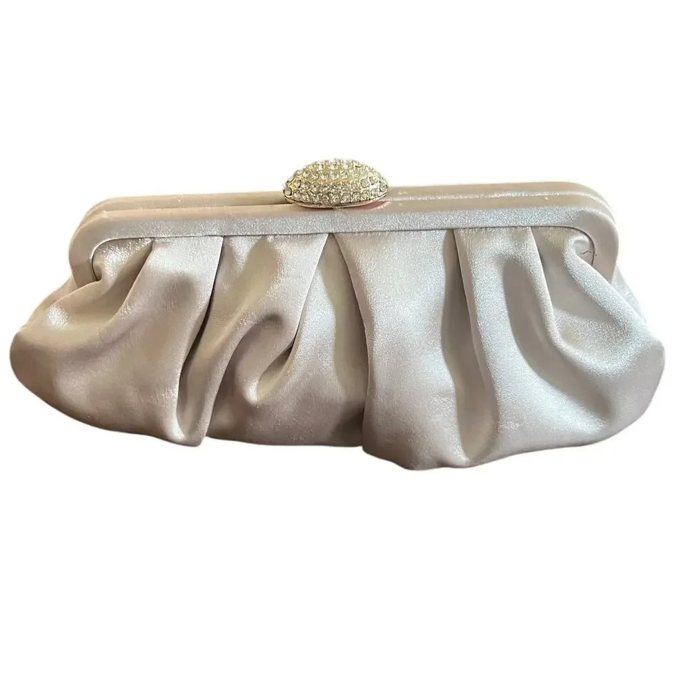 Kelly & Katie Evening Bag Pleated Clutch Satin Champagne Gold Rhinestone Chain
